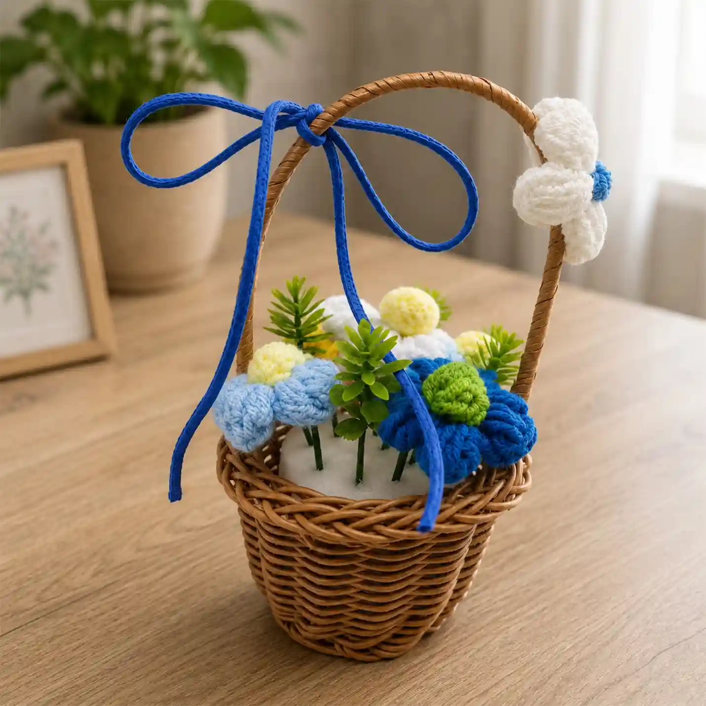 Charming Handwoven Basket with Handmade Crochet Flowers