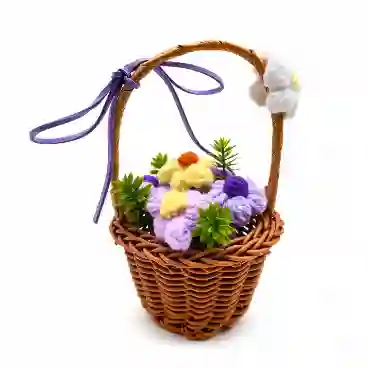 Handmade Lavender Crochet Flower Basket with Decorative Ribbon