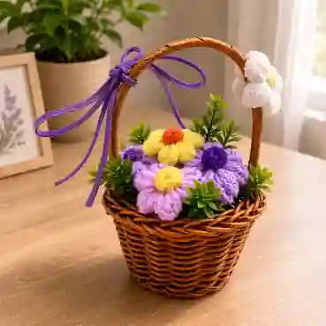 Handmade Lavender Crochet Flower Basket with Decorative Ribbon