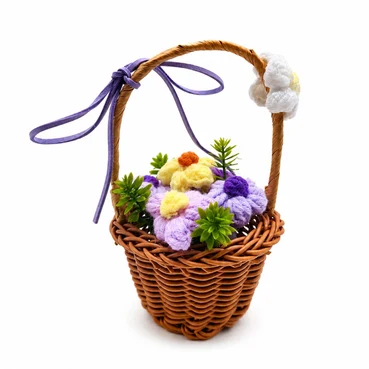 Handmade Lavender Crochet Flower Basket with Decorative Ribbon