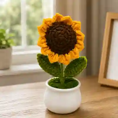 Charming Crochet Sunflower Arrangement in White Ceramic Pot
