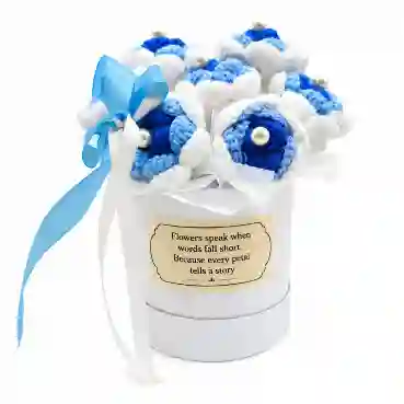 Handcrafted Blue &amp; White Crochet Flower Bouquet in Elegant Keepsake Gift Box