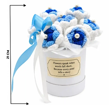 Handcrafted Blue &amp; White Crochet Flower Bouquet in Elegant Keepsake Gift Box