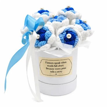 Handcrafted Blue &amp; White Crochet Flower Bouquet in Elegant Keepsake Gift Box