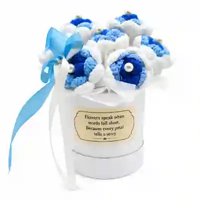 Handcrafted Blue & White Crochet Flower Bouquet in Elegant Keepsake Gift Box