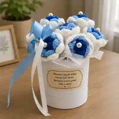 Handcrafted Blue & White Crochet Flower Bouquet in Elegant Keepsake Gift Box
