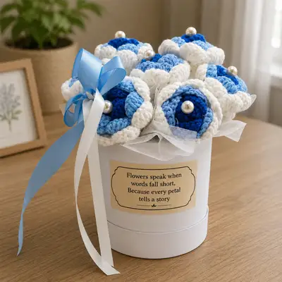 Handcrafted Blue & White Crochet Flower Bouquet in Elegant Keepsake Gift Box