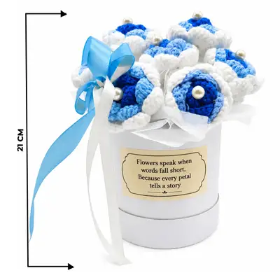 Handcrafted Blue & White Crochet Flower Bouquet in Elegant Keepsake Gift Box