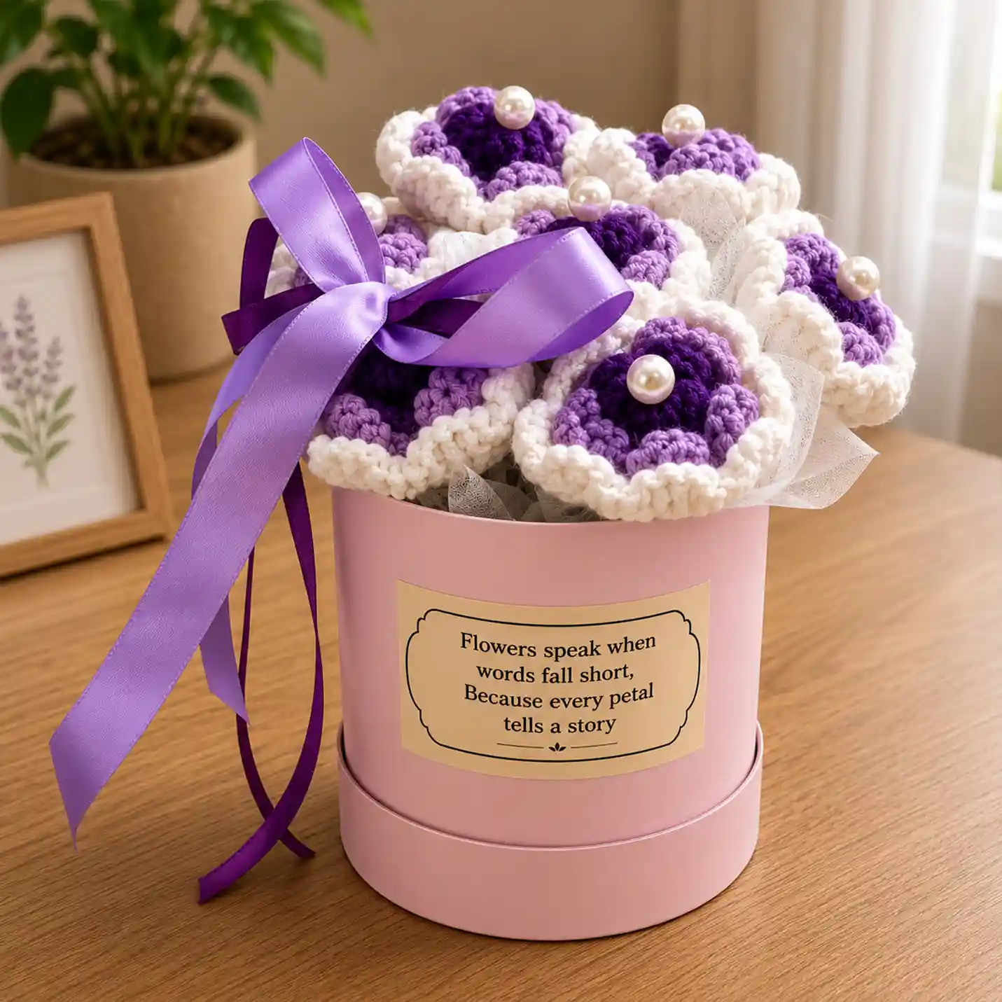 Crochet Purple and White Floral Arrangement in Keepsake Box
