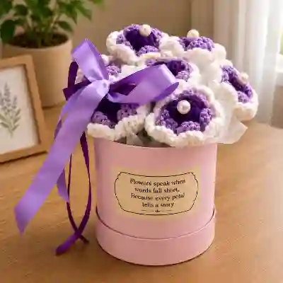Crochet Purple and White Floral Arrangement in Keepsake Box