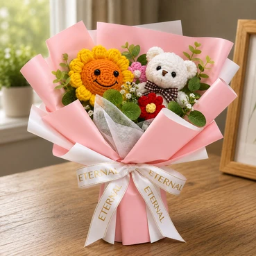 Cute Crochet Sunflower &amp; Teddy Bear Bouquet