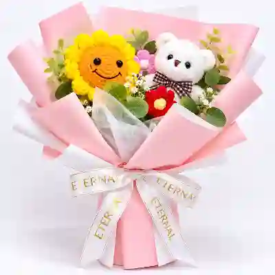 Cute Crochet Sunflower & Teddy Bear Bouquet
