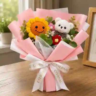 Cute Crochet Sunflower & Teddy Bear Bouquet