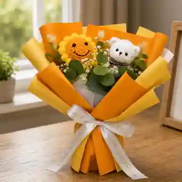 Hand-Finished Yellow Crochet Sunflower &amp; Teddy Bear Gift Bouquet