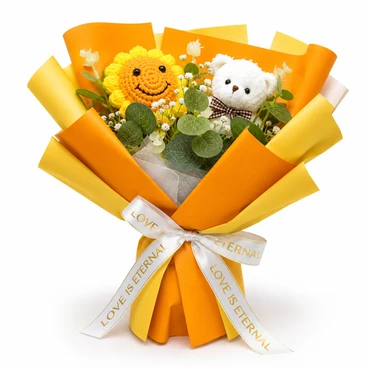 Hand-Finished Yellow Crochet Sunflower &amp; Teddy Bear Gift Bouquet