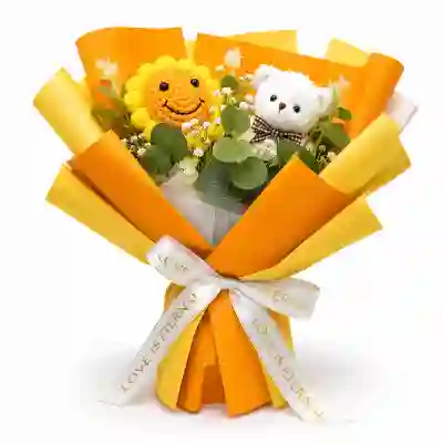 Hand-Finished Yellow Crochet Sunflower & Teddy Bear Gift Bouquet