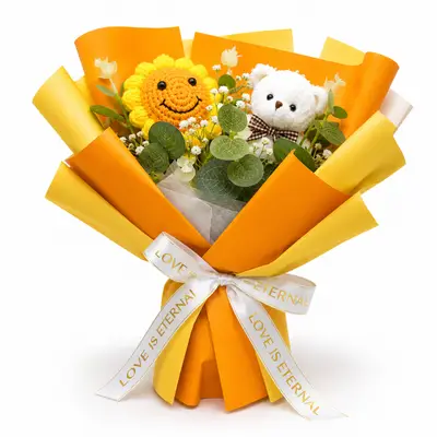 Hand-Finished Yellow Crochet Sunflower & Teddy Bear Gift Bouquet