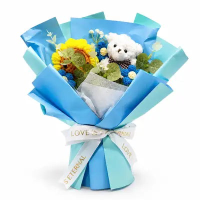 Premium Crochet Sunflower & Teddy Bear Keepsake Bouquet