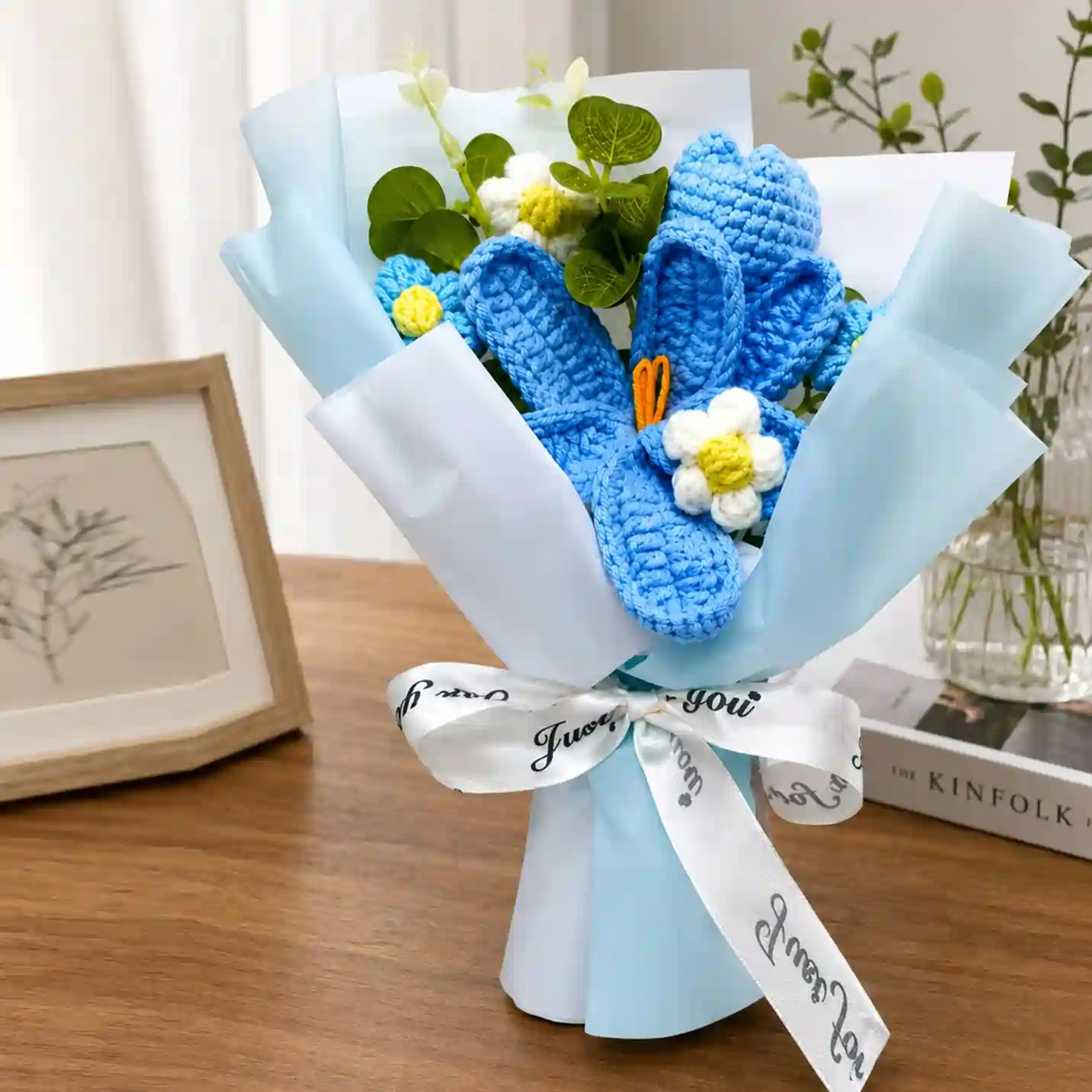 Blue Crochet Bunny Ear Bouquet in Elegant Gift Box