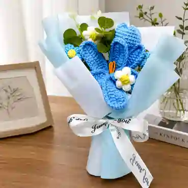 Blue Crochet Bunny Ear Bouquet in Elegant Gift Box