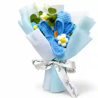 Blue Crochet Bunny Ear Bouquet in Elegant Gift Box
