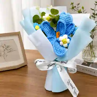 Blue Crochet Bunny Ear Bouquet in Elegant Gift Box