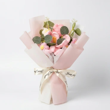 Forever Pink Crochet Flowers with Decorative Green Leaves