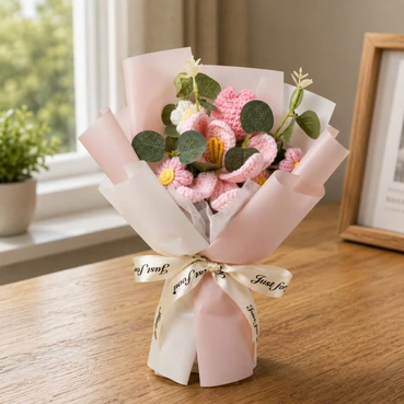 Forever Pink Crochet Flowers with Decorative Green Leaves