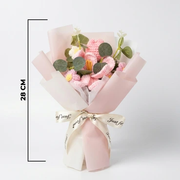 Forever Pink Crochet Flowers with Decorative Green Leaves
