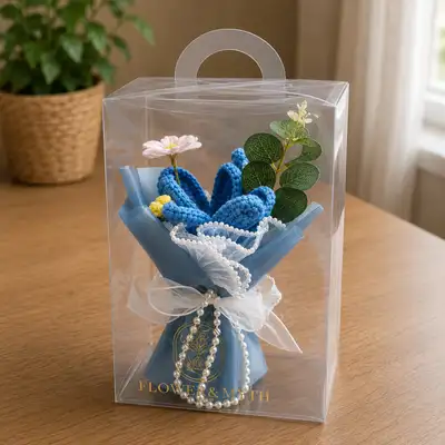 Blue Crochet Bunny Ear Bouquet in Premium Display Gift Box