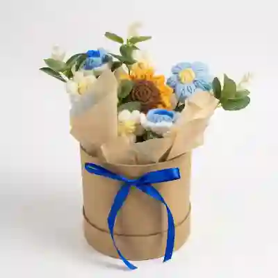 Blue Crochet Sunflower & Daisy Arrangement in Rustic Gift Box