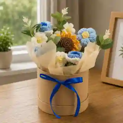 Blue Crochet Sunflower & Daisy Arrangement in Rustic Gift Box