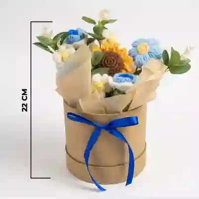 Blue Crochet Sunflower & Daisy Arrangement in Rustic Gift Box