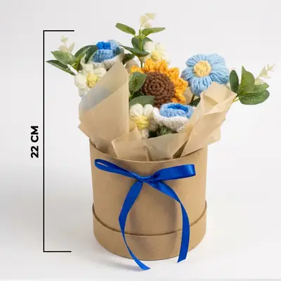 Blue Crochet Sunflower & Daisy Arrangement in Rustic Gift Box