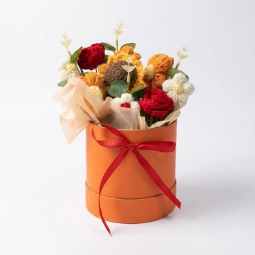 Crochet Sunflower &amp; Rose Arrangement in Elegant Orange Gift Box