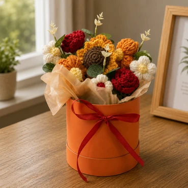 Crochet Sunflower &amp; Rose Arrangement in Elegant Orange Gift Box