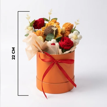 Crochet Sunflower &amp; Rose Arrangement in Elegant Orange Gift Box