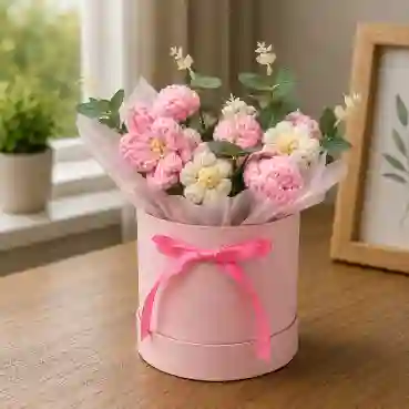 Pink Crochet Flower Arrangement in Elegant Round Gift Box