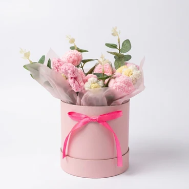 Pink Crochet Flower Arrangement in Elegant Round Gift Box