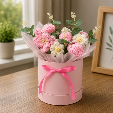 Pink Crochet Flower Arrangement in Elegant Round Gift Box