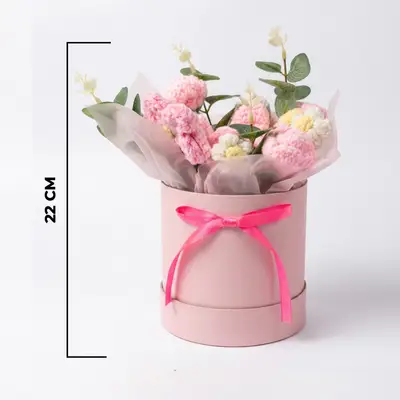 Pink Crochet Flower Arrangement in Elegant Round Gift Box