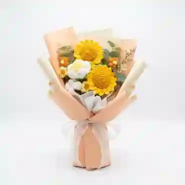 Crochet Sunflower &amp; White Rose Bouquet with Cotton Accents