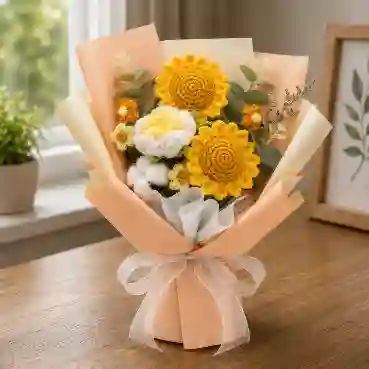 Crochet Sunflower &amp; White Rose Bouquet with Cotton Accents