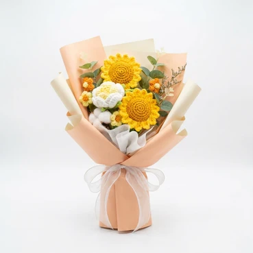 Crochet Sunflower &amp; White Rose Bouquet with Cotton Accents