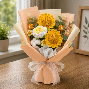 Crochet Sunflower &amp; White Rose Bouquet with Cotton Accents