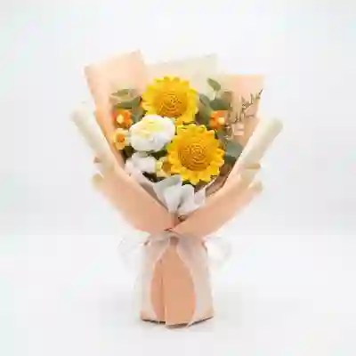 Crochet Sunflower & White Rose Bouquet with Cotton Accents