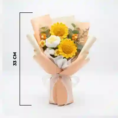 Crochet Sunflower & White Rose Bouquet with Cotton Accents