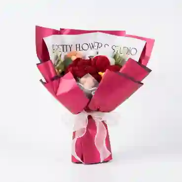 Red Crochet Rose Bouquet with Cotton Blooms &amp; Elegant Wrapping