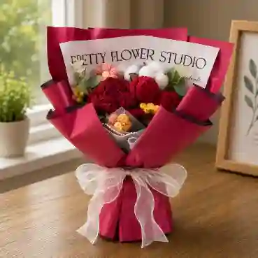 Red Crochet Rose Bouquet with Cotton Blooms &amp; Elegant Wrapping