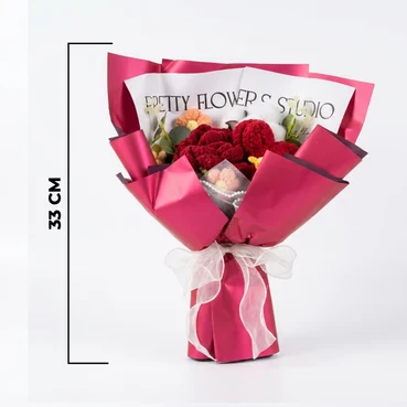 Red Crochet Rose Bouquet with Cotton Blooms &amp; Elegant Wrapping